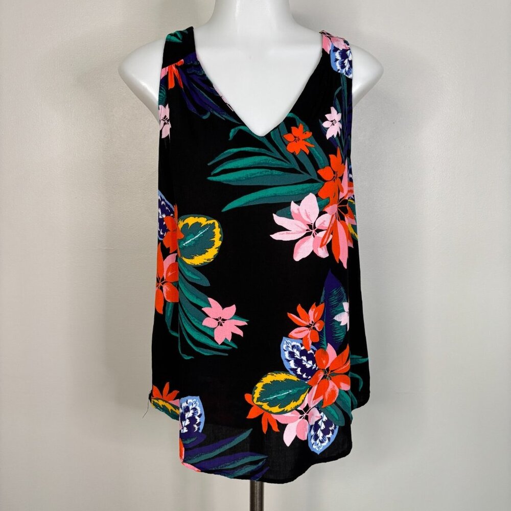 Old Navy Top Small Black Floral V-Neck Keyhole Back Women's